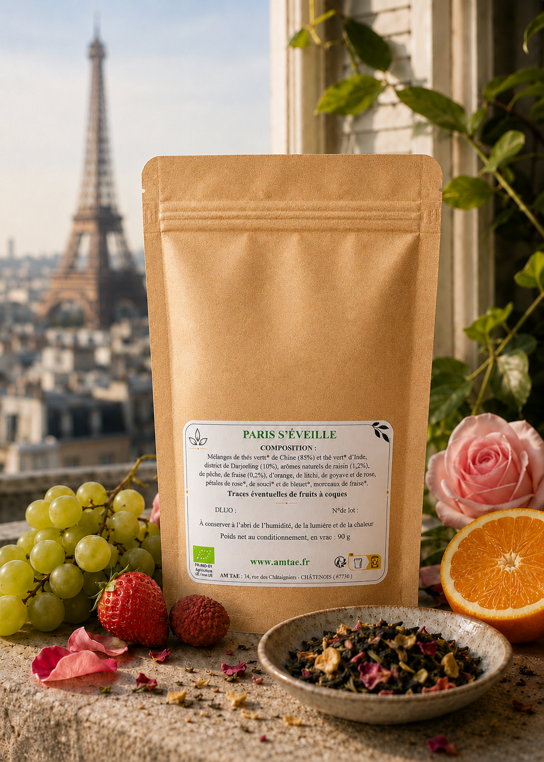 PARIS S'EVEILLE, Thé vert aromatisé Raisin - Pêche - Fraise - Litchi